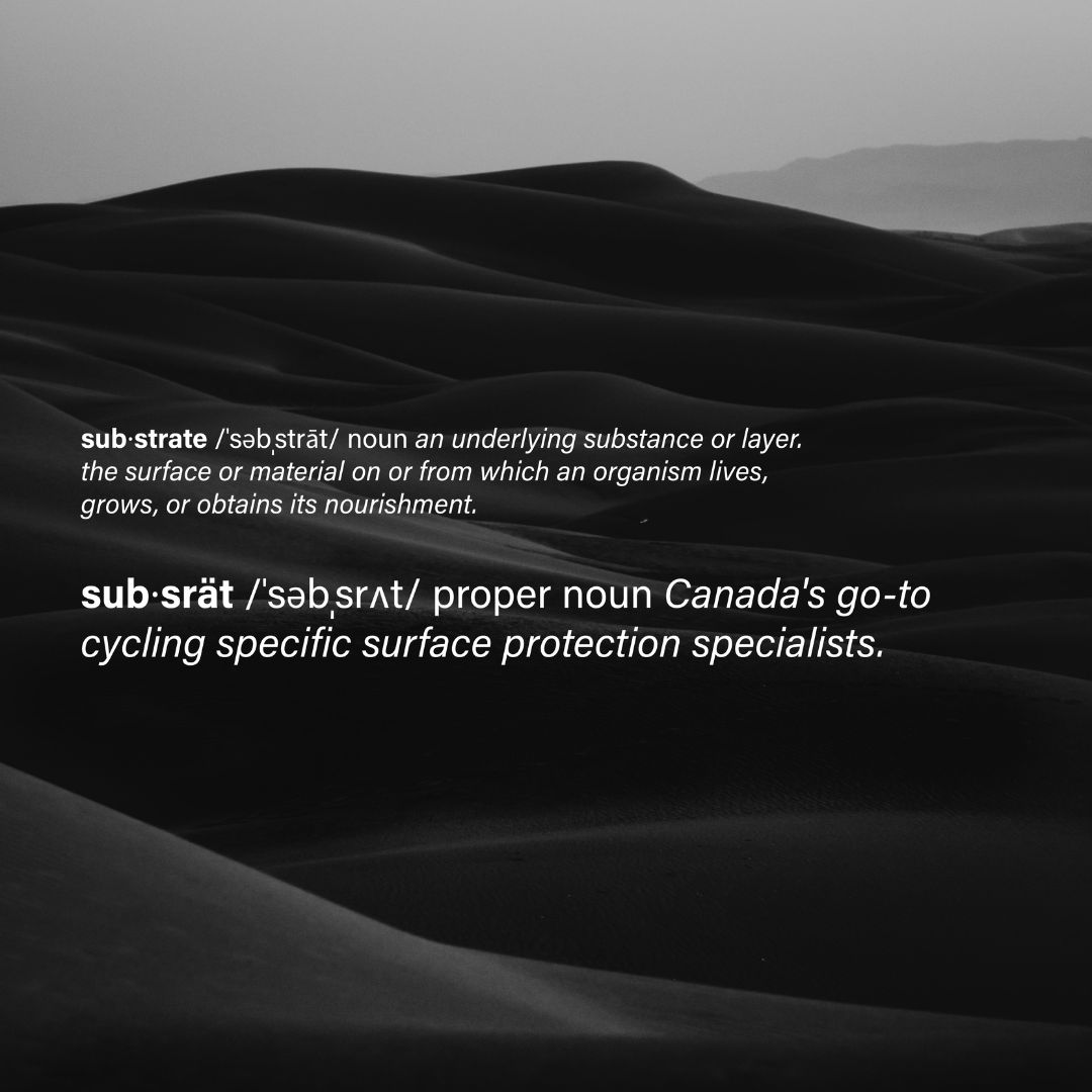 A black and white image of dunes with text defining "substrate" as a noun and proper noun, explaining its meaning and referencing Canada's cycling surface protection specialists.