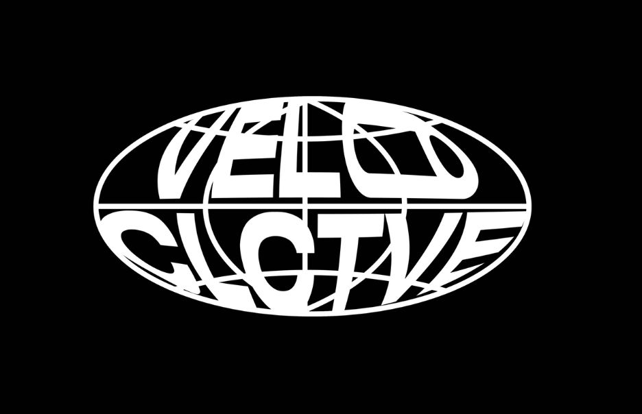 A black background with a white, distorted text in an oval shape. The text appears to read "VELOCITY" creatively stretched and designed to look dynamic and abstract.