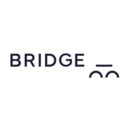 The image features the word "BRIDGE" in bold black letters, with two curved black lines underneath a short horizontal line to the right, visually suggesting the shape of a bridge.